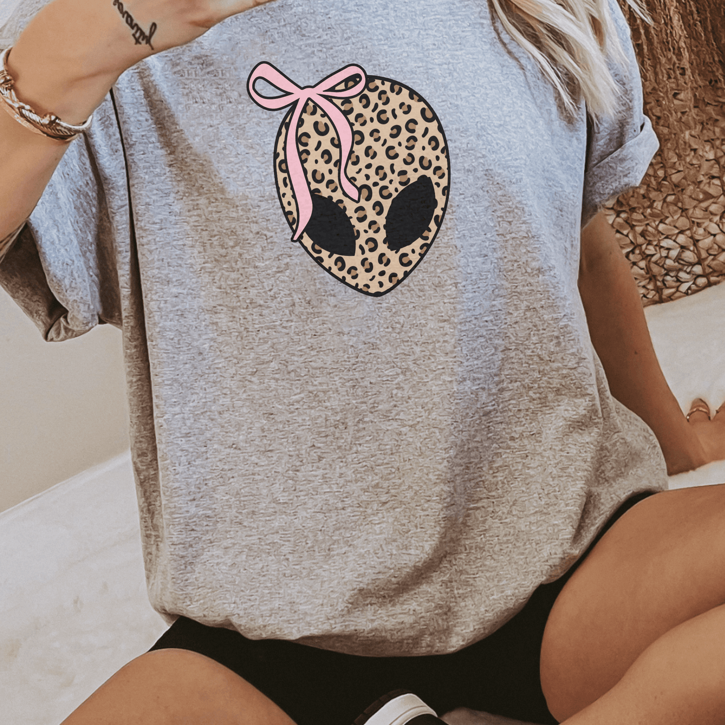 Leopard Print Alien Head Tee with Pink Bow