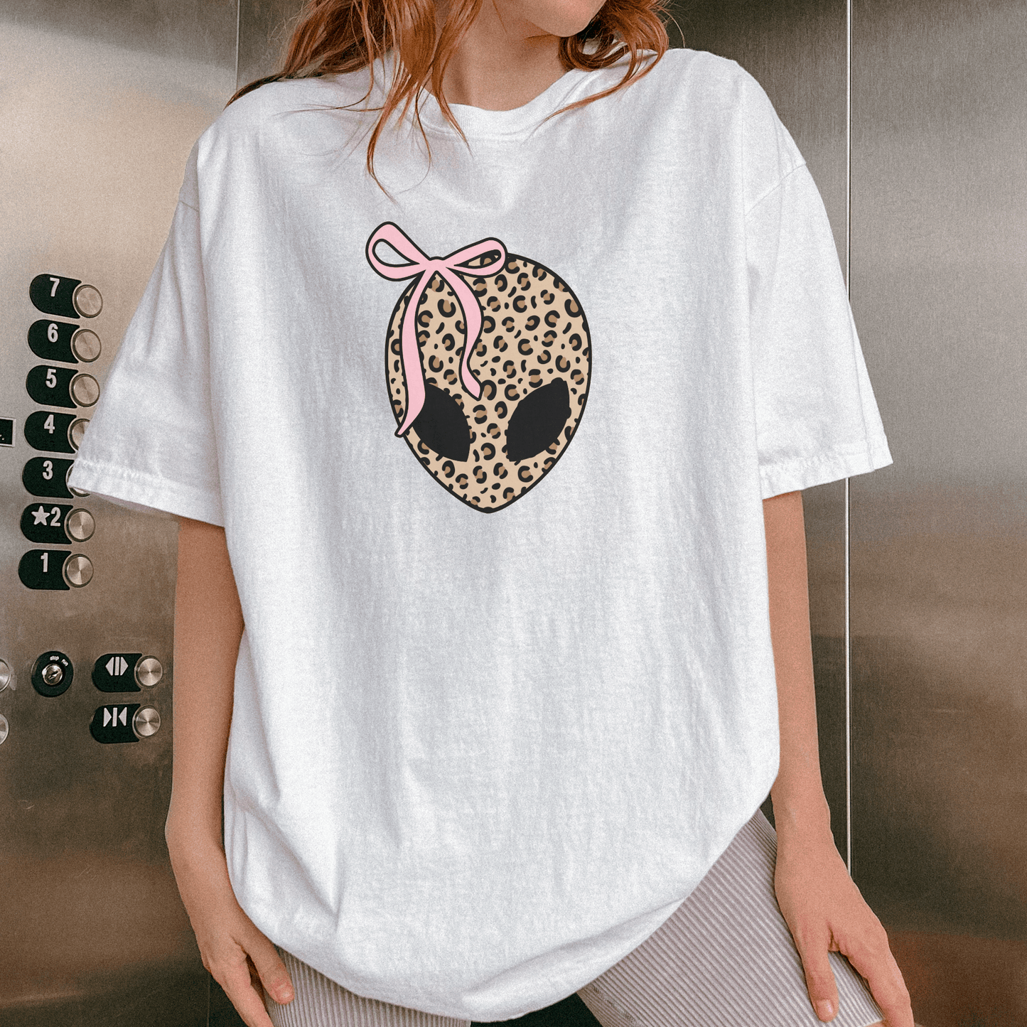 Leopard Print Alien Head Tee with Pink Bow
