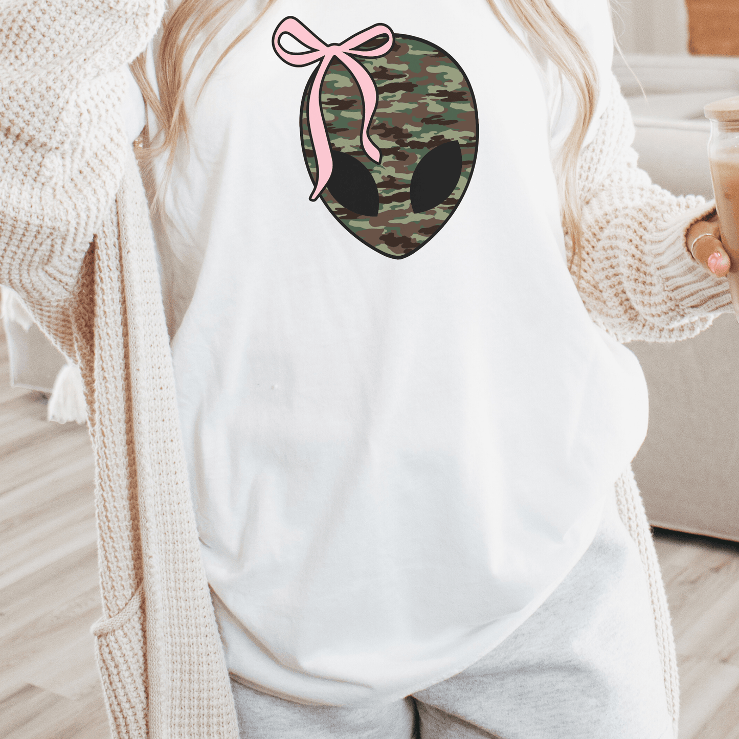 Camo Alien Head Tee with Pink Bow