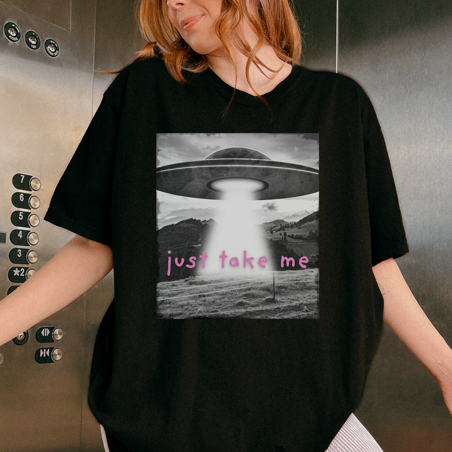 "Just Take Me" Alien Spaceship Statement Tee- Pink