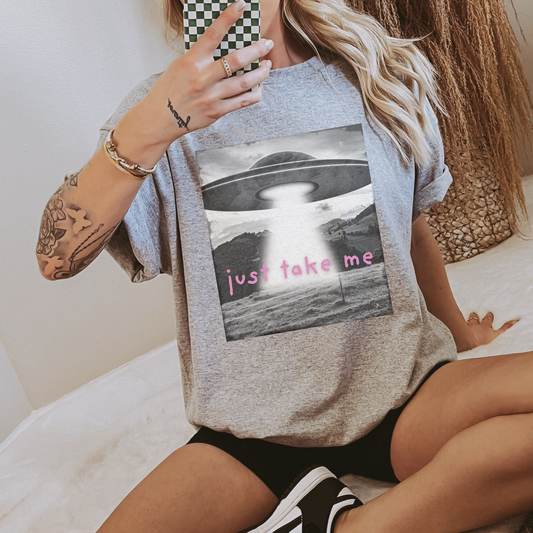 "Just Take Me" Alien Spaceship Statement Tee- Pink