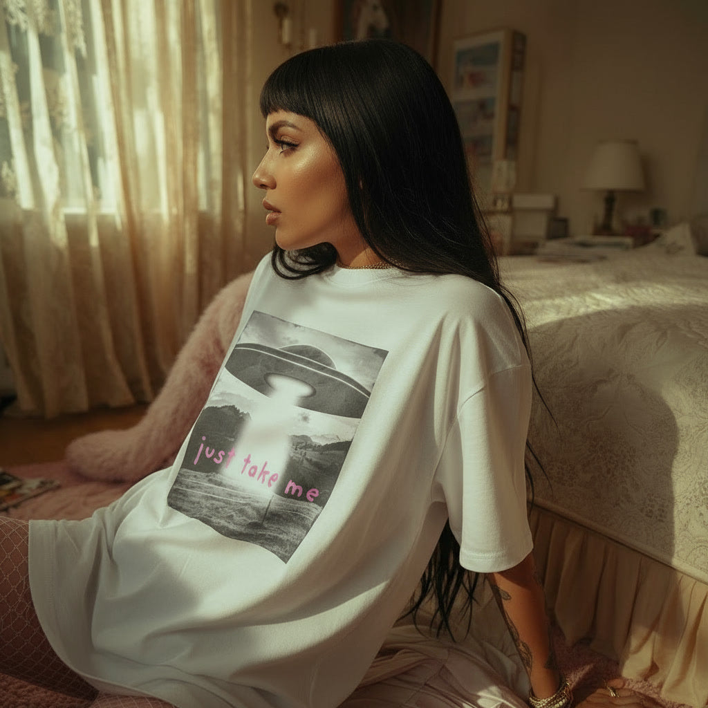 "Just Take Me" Alien Spaceship Statement Tee- Pink