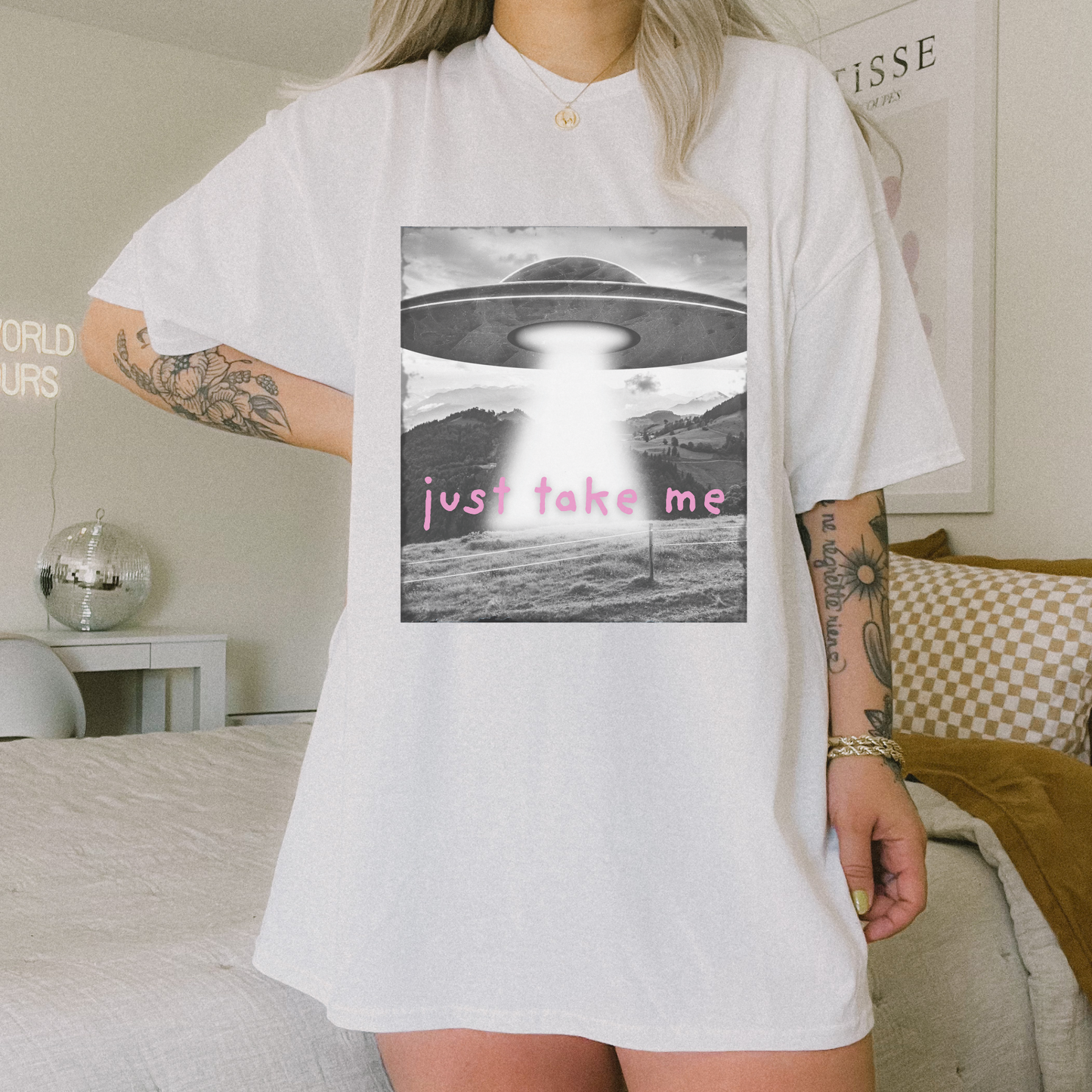 "Just Take Me" Alien Spaceship Statement Tee- Pink