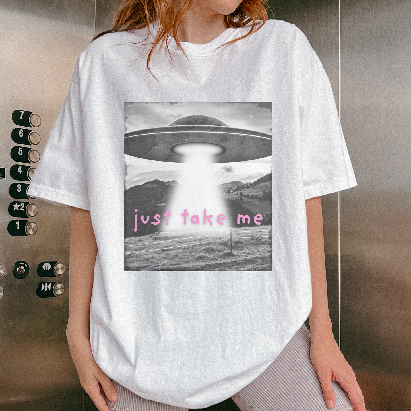 "Just Take Me" Alien Spaceship Statement Tee- Pink